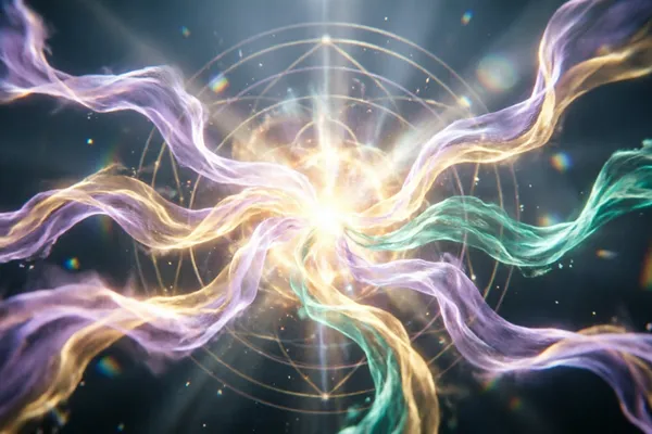 Photorealistic abstract composition showing seven distinct but interconnected light streams or energy flows converging into one brilliant point, representing the 7 sacred states, ethereal and spiritual but grounded, symbolizing unity and mastery.