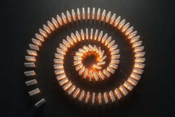 Photorealistic abstract composition showing a cascade of falling dominoes creating a spiral pattern, viewed from above, each domino glowing with warm amber light against dark background, representing momentum and exponential growth!