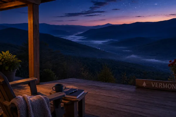 A serene twilight scene of a Vermont mountain valley at dusk with stars beginning to appear. The covered deck is visible in the foreground, empty but inviting, with a single chair and a journal on a small table.
