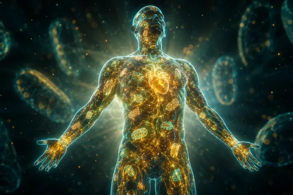 A wide-angle view of a healthy human body silhouette with glowing mitochondrial networks visible throughout, creating an energy map.