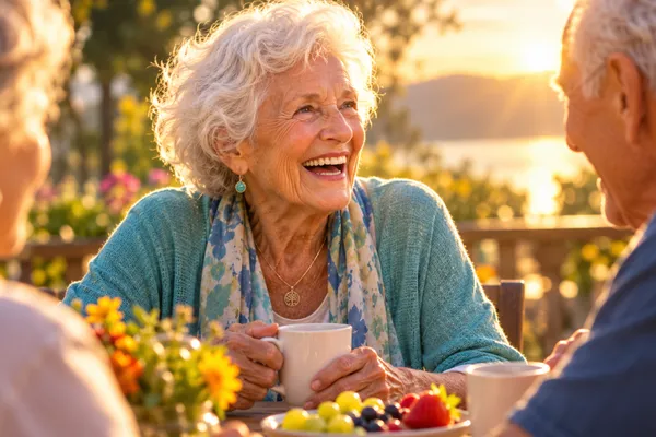 An elderly person (80s-90s) laughing and engaged in conversation at a sunlit table, vibrant and alive. Represents maintained vitality through cellular repair. Warm, golden-hour lighting. Focus on energy and vitality!