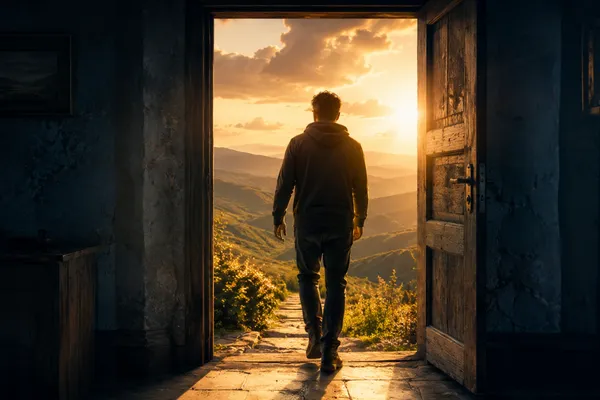 A person stepping from a shadowed, dark interior room into a vibrant, sunlit natural landscape, symbolizing the transition from the victim mindset to an empowered, conscious reality.