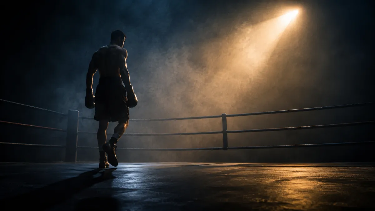 Boxer standing at a crossroads decision moment, symbolizing life-changing choice