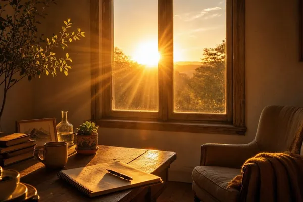 Golden sunrise breaking through a window into a quiet room, symbolizing a fresh start.
