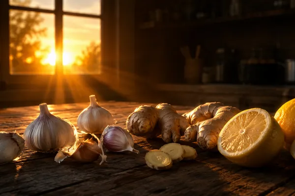 Fresh garlic, ginger, and lemon on a sunlit kitchen table at sunrise, representing the choice between natural remedies and medication.