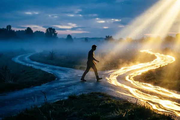 Person choosing between dark path of old beliefs and illuminated path of new possibilities