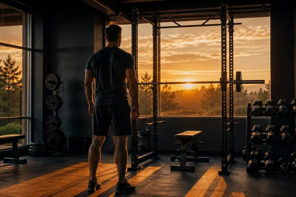 Morning gym training scene representing the 12 foundational exercises for full-body strength.