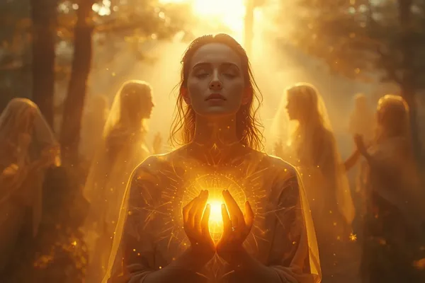 Trance medium Jennifer Rose concept art showing spiritual connection with loved ones in ethereal light during awakening