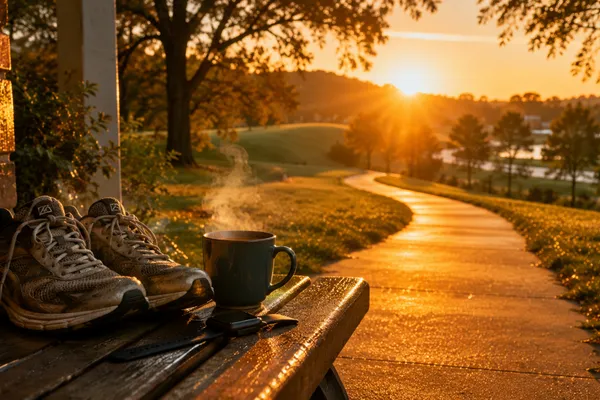 Walking shoes and a face-down fitness tracker beside morning coffee at sunrise — walk smarter, not more, with interval walking.