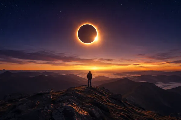 Total solar eclipse with golden corona over a mountain ridge at dawn — the August 12 eclipse portal.