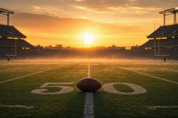 Empty football stadium at sunrise with a single football at midfield — The Morning Motivator Mindset Monday cover on Andrew Luck's retirement lessons.