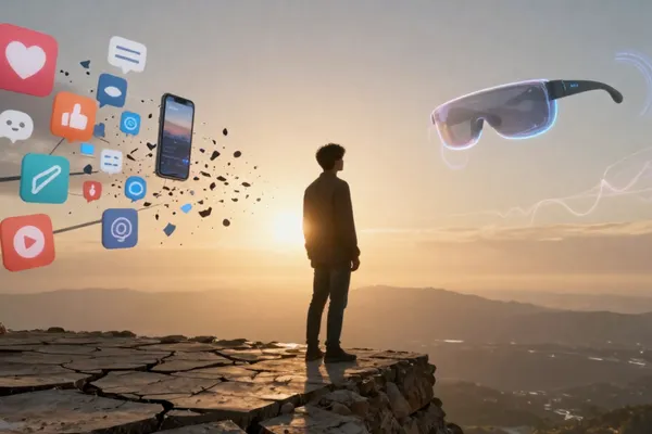 A person standing at the edge of a cracked digital landscape at sunrise. One side shows glowing social media icons, phone screens, and notifications at sunrise - AI Glasses on the other | The Morning Motivator.