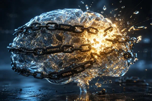 Translucent brain breaking free from chains labeled sugar, screens, and stress, symbolizing liberation from the hostage brain.