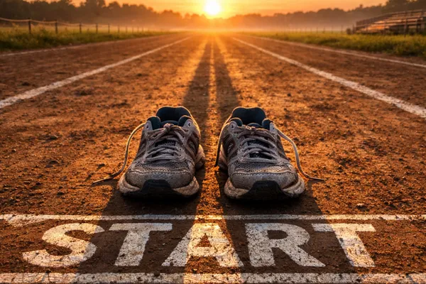 Worn running shoes waiting at the starting line on a dirt track at sunrise / The Morning Motivator