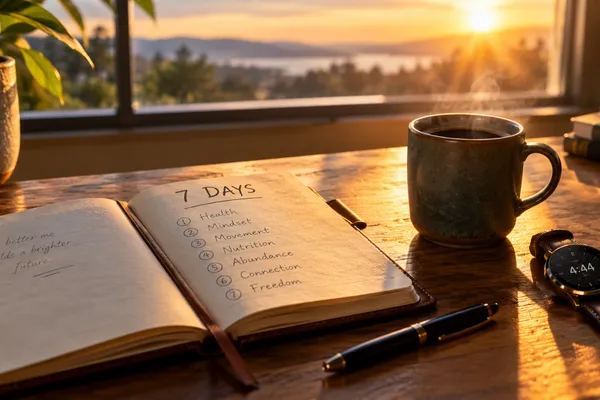 Open journal with a 7-day plan on a sunrise desk, representing the Becoming Seven weekly system / The Morning Motivator