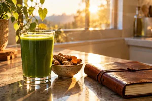 Morning wellness ritual with green juice and journal representing a proactive, root-cause approach to cancer prevention.
