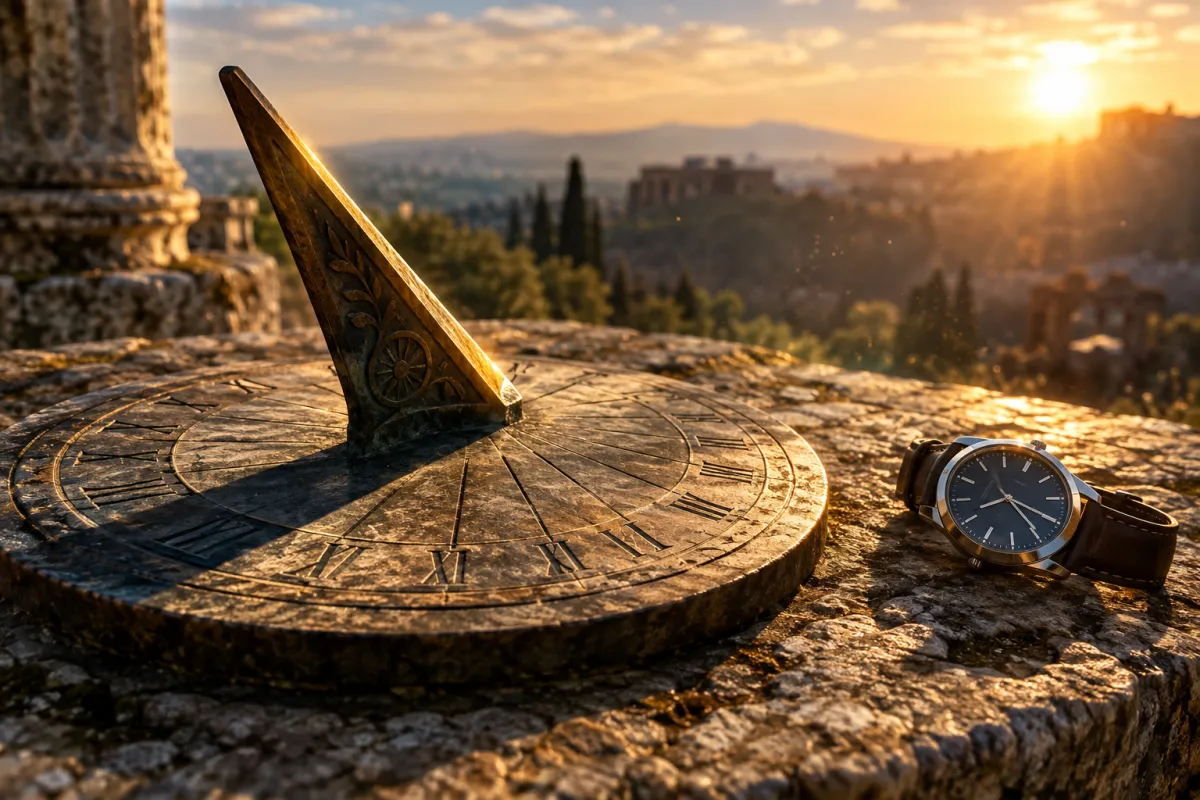 Ancient Roman sundial with modern watch showing Stoic time management concept / The Morning Motivator
