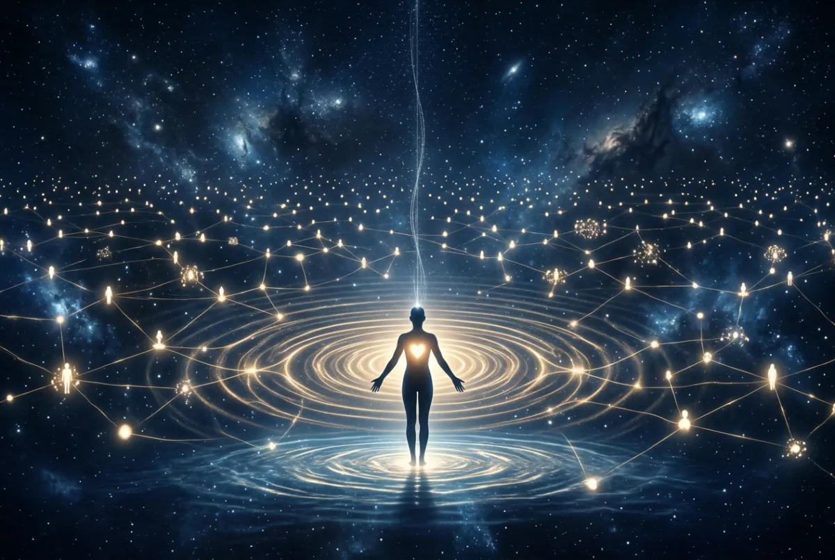 A glowing human figure connected by ripples of light to a vast cosmic sea of consciousness, representing spiritual connection.
