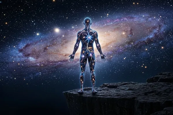 Consciousness concept art showing neural network human silhouette against cosmic background / The Morning Motivator