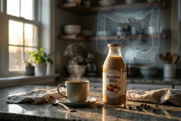 Coffee creamer bottle on kitchen counter at dawn with subtle gut health warning imagery / The Morning Motivator