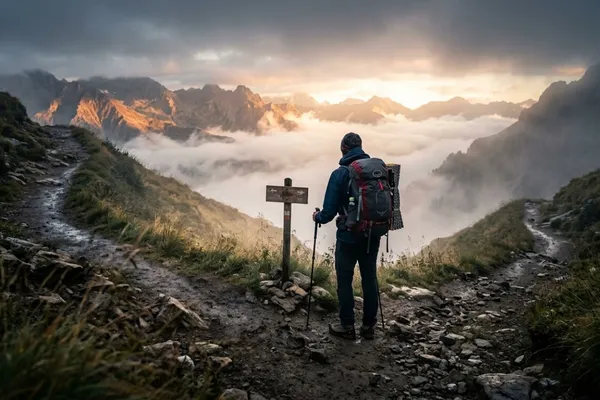 Foggy mountain trail at sunrise with a fork in the path symbolizing life's big decisions / The Morning Motivator
