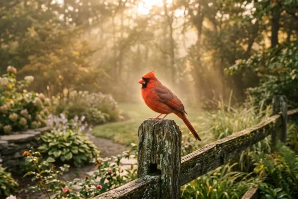 Cardinal perched on fence post at golden hour, symbolic of signs from loved ones who have passed / The Morning Motivator