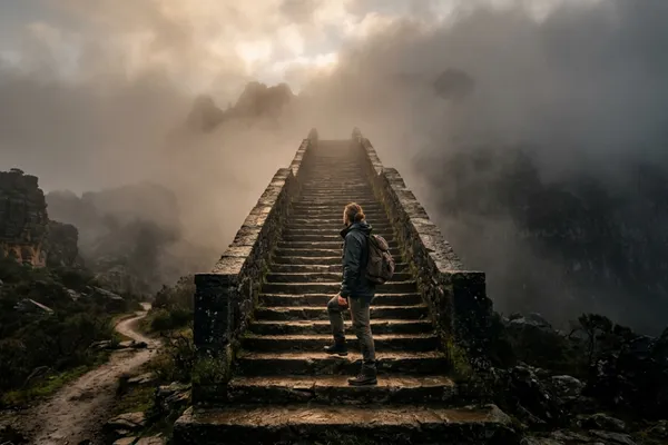 Person at base of foggy staircase at dawn, poised to step forward / The Morning Motivator