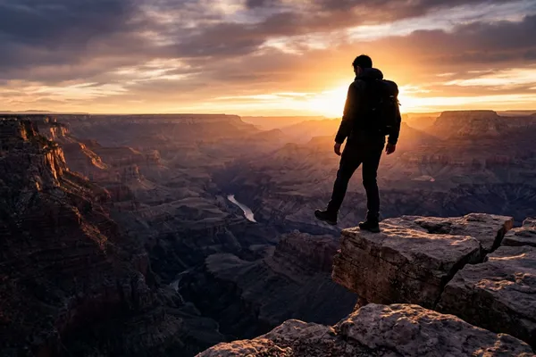 A person standing at the edge of a canyon at sunrise, about to take the first step — symbolic of betting on yourself after years of being stuck / The Morning Motivator