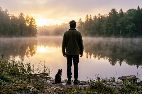 A person standing peacefully by a misty lake at sunrise with a cat beside them, embodying detachment from outcome / The Morning Motivator