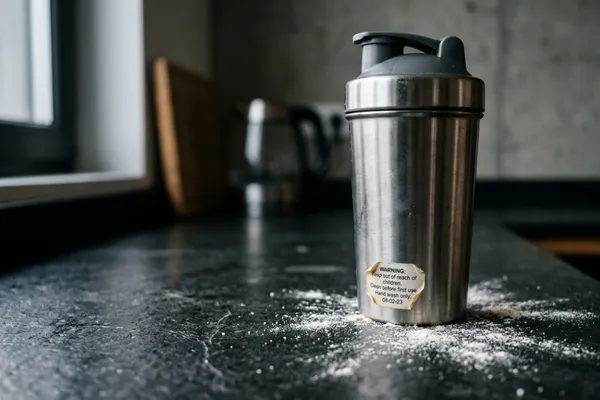 Protein shaker bottle on a kitchen counter with white powder scattered around it in cold morning light / The Morning Motivator