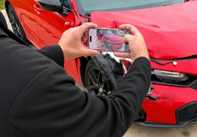 Man using his cell phone to take a picture of the damage on his car for an instant estimate
