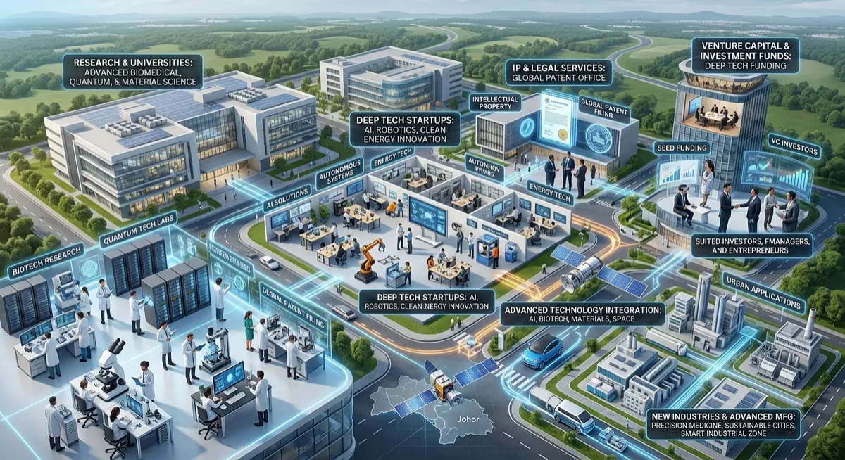 Asia deep science ecosystem connecting research, startups, intellectual property, investment, advanced technology and new industries