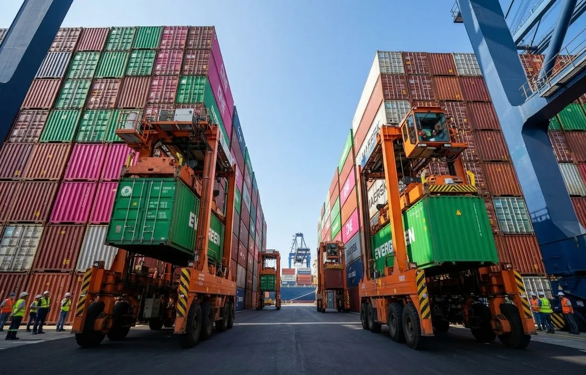 China manufacturing and export ecosystem connecting factories, electric vehicles, technology, shipping and global trade