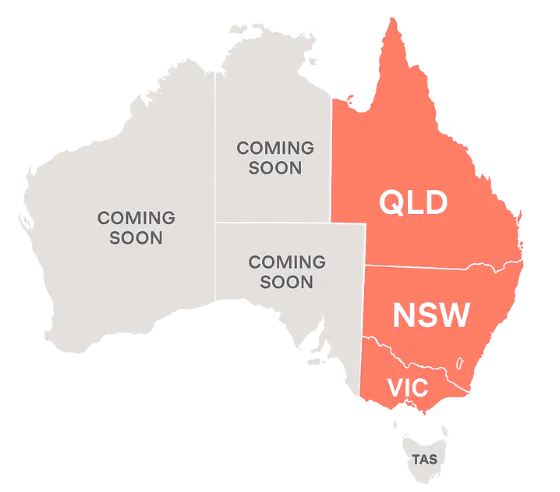 Map of Australia with QLD, NSW, and VIC highlighted as active regions, and other states marked as coming soon.