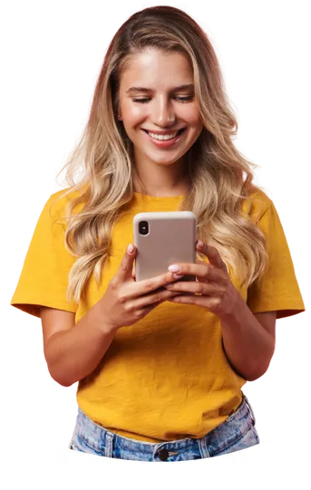 Woman smiling while viewing an affordable ride route on the Budget Ride app on her phone.