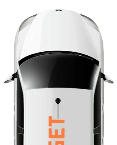 Top view of a white car with the Budget Ride logo displayed on the roof.
