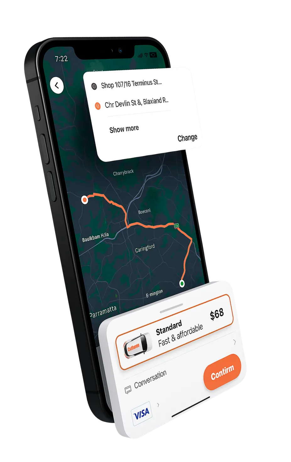 A 3D phone showing budget ride app