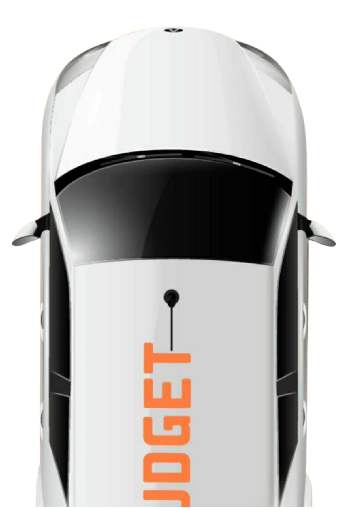 Top view of a white car with the Budget Ride logo displayed on the roof.