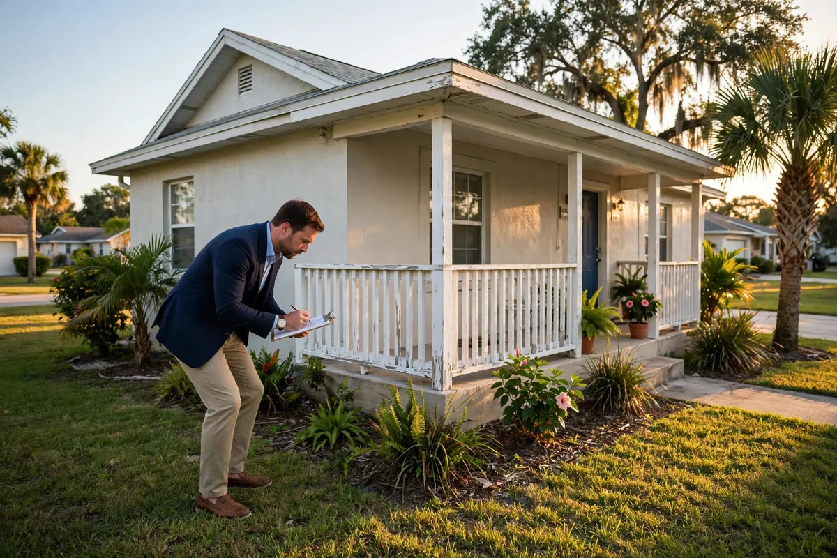 VA home appraiser inspecting the exterior of a Florida home against the VA Minimum Property Requirements checklist