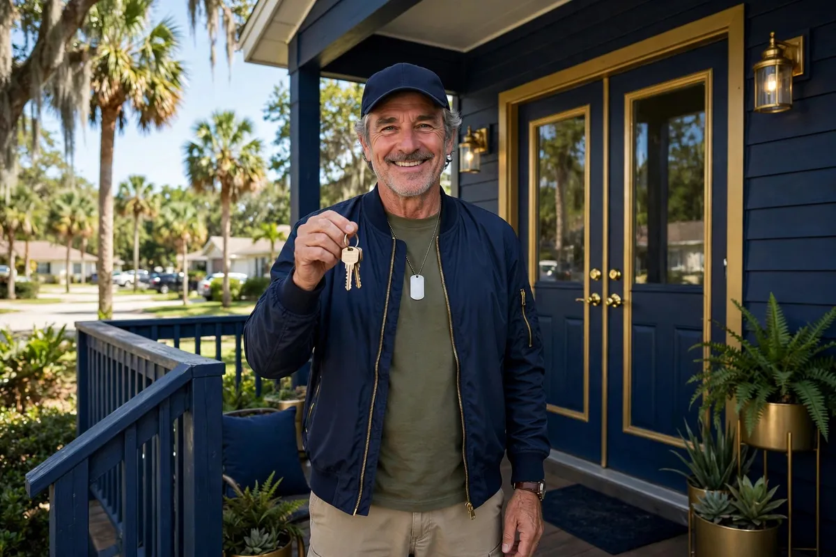 Veteran homeowner standing in front of his new home