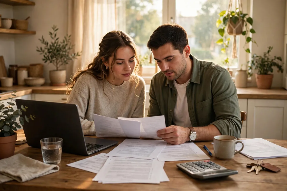 Couple reviewing home loan paperwork with a laptop and calculator at a kitchen table