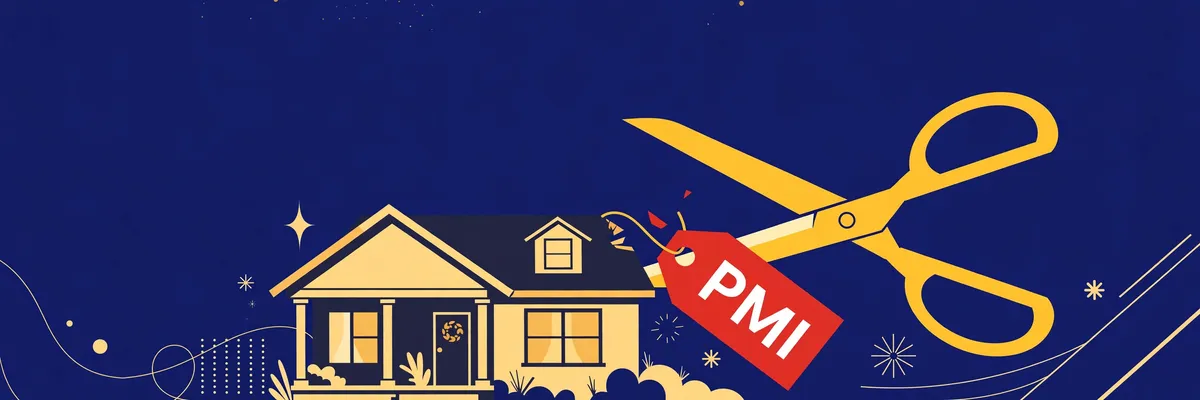 Golden scissors cutting a red PMI price tag off a suburban house — refinancing to drop PMI