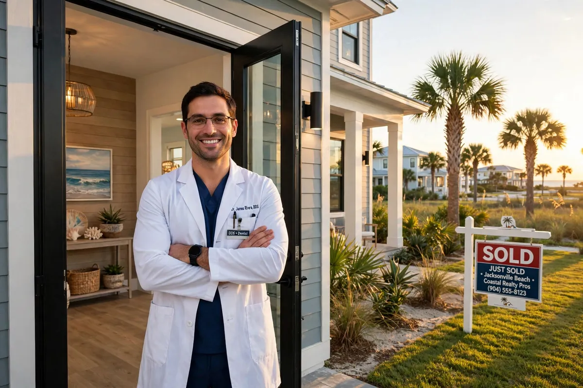 Dentist in scrubs standing in front of a new Florida home purchased with a dentist home loan