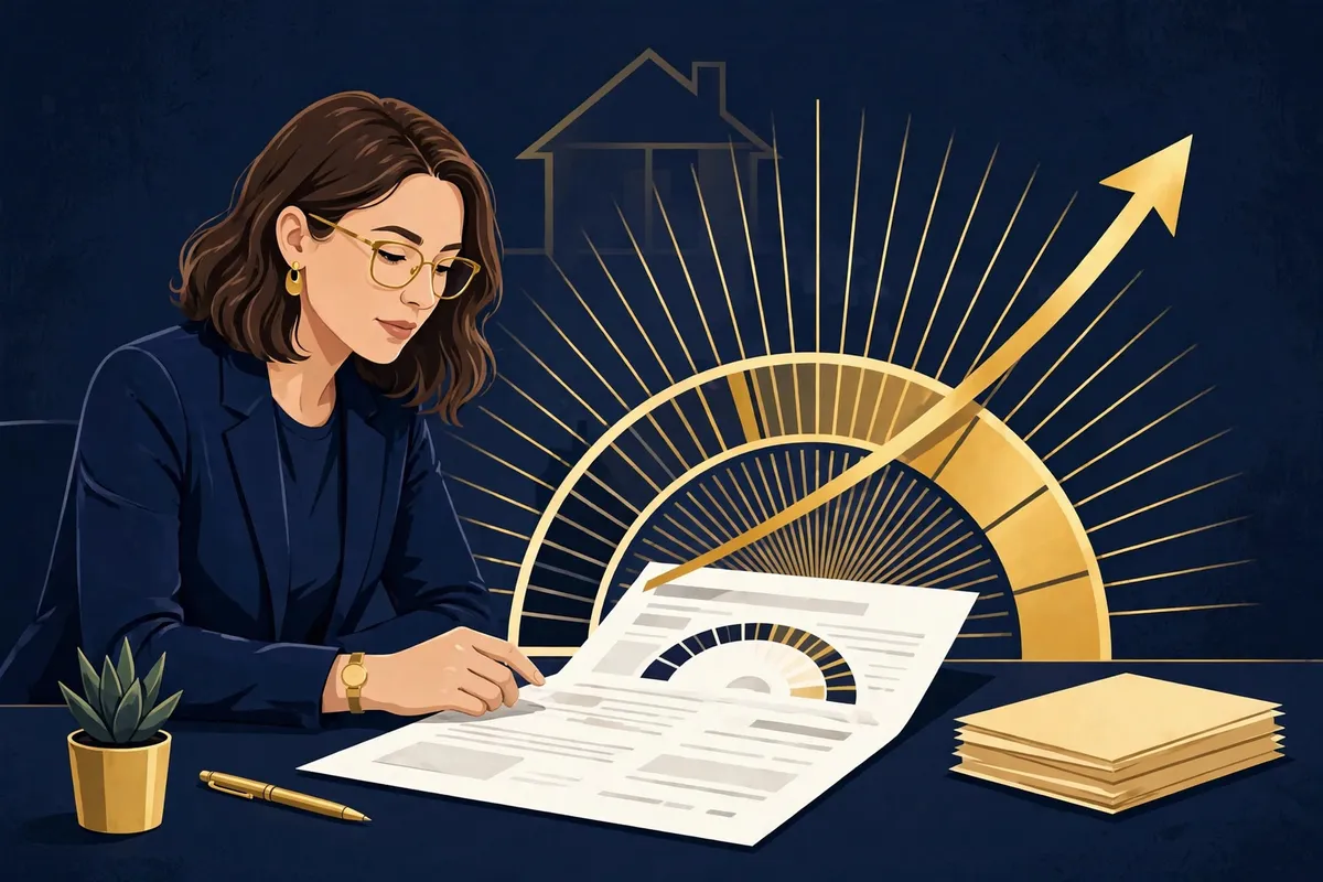Mortgage professional reviewing a credit report as the score gauge climbs — how a rapid rescore updates your mortgage credit score in days