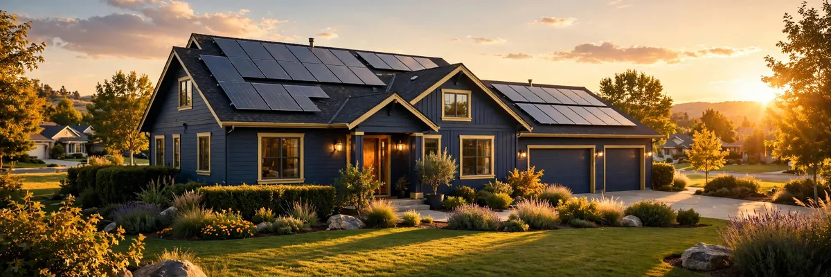 Veteran family home with rooftop solar panels at sunset