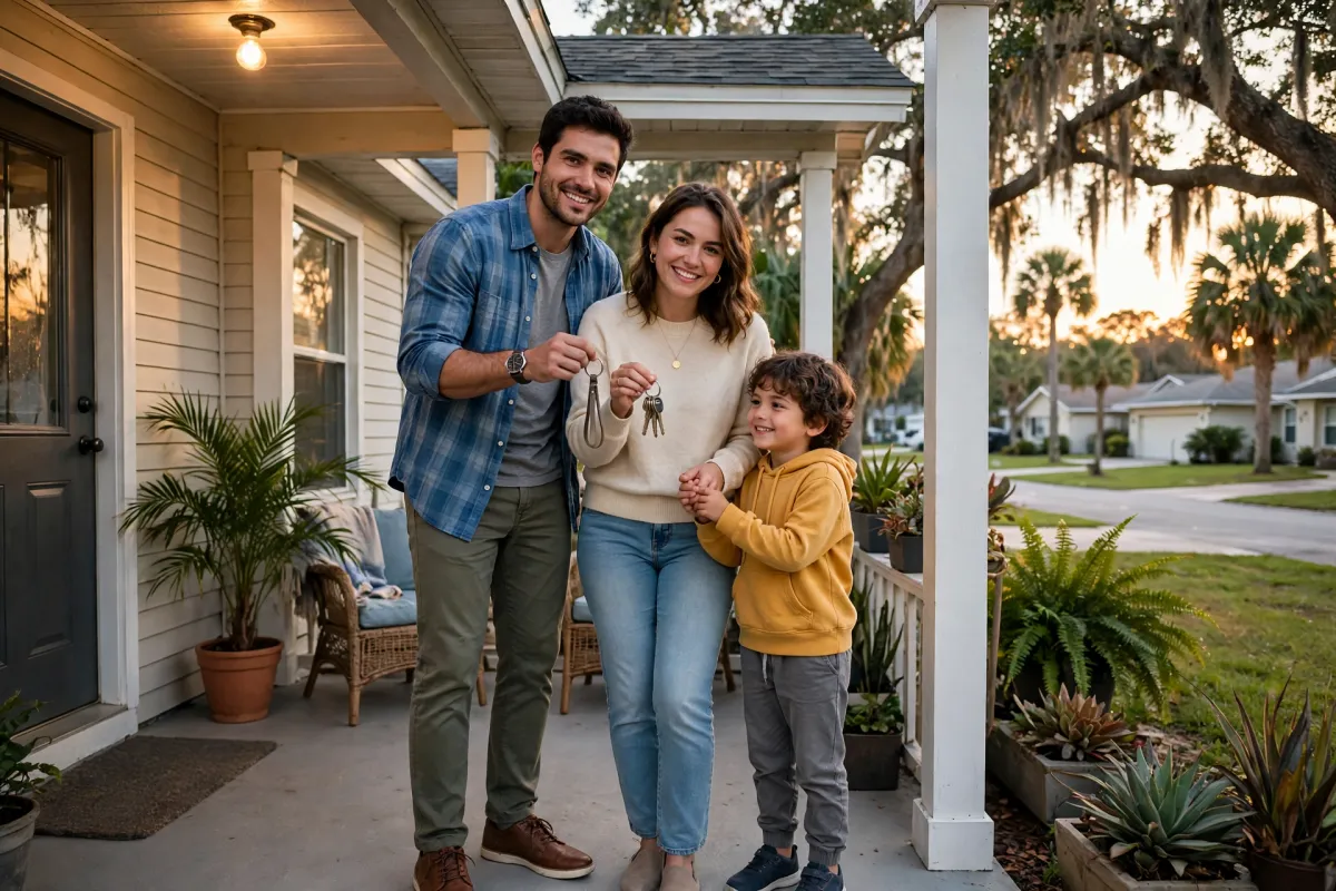 Family on the front porch of a Florida home holding house keys