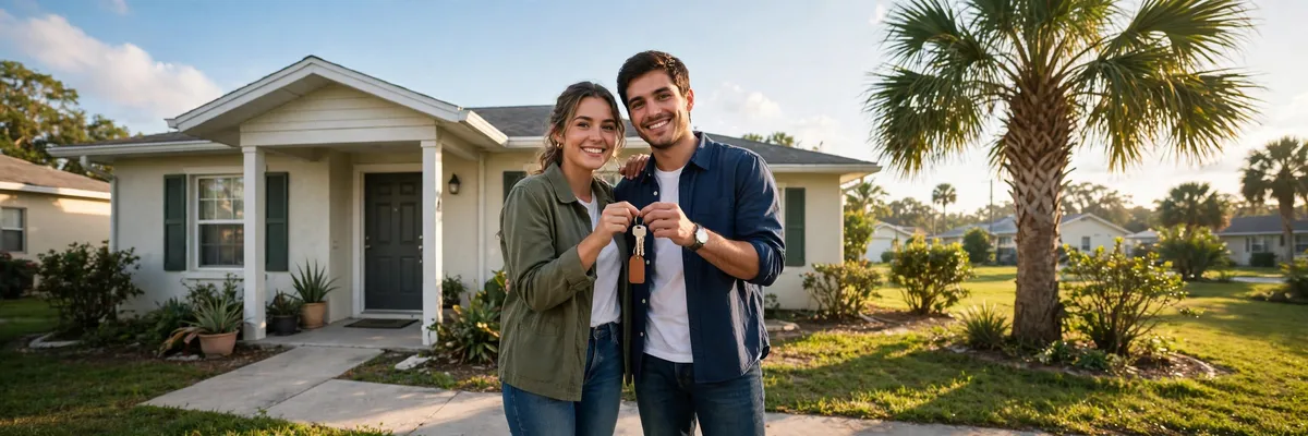 First-time homebuyers holding the keys to their first Florida home in Jacksonville