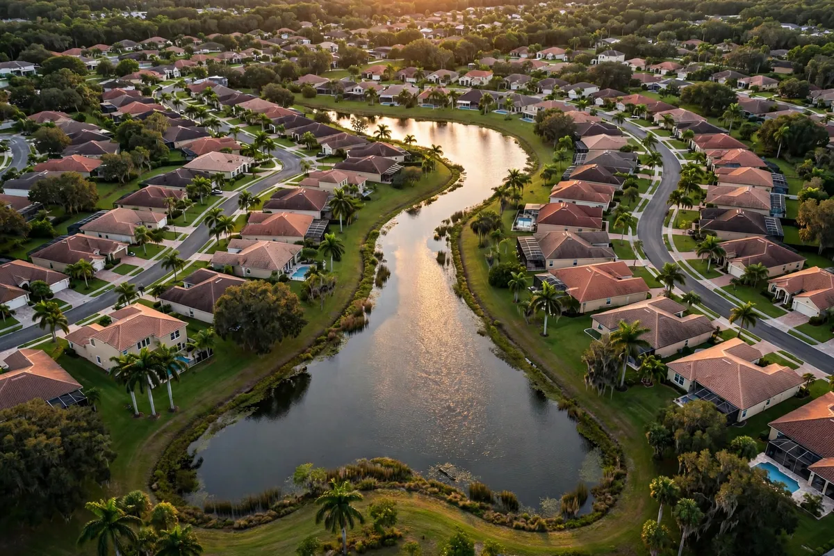 Aerial view of a Jacksonville Florida suburban neighborhood at golden hour with a lake and palm trees