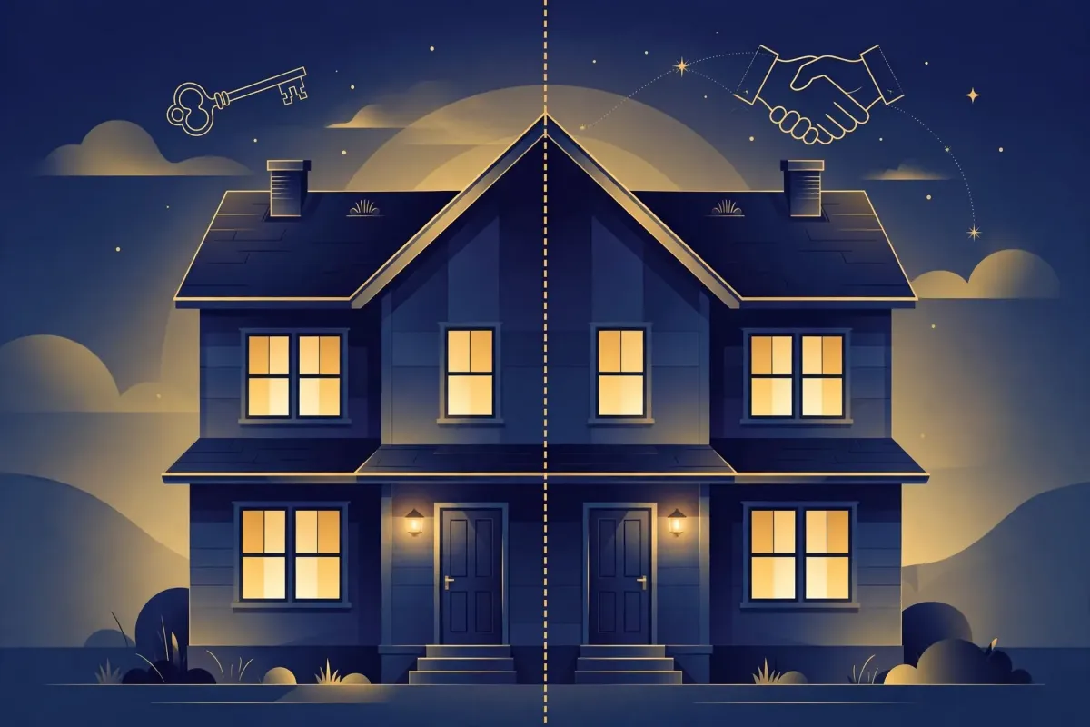 Duplex house at dusk split into two units, illustrating FHA house hacking — live in one unit, rent the others