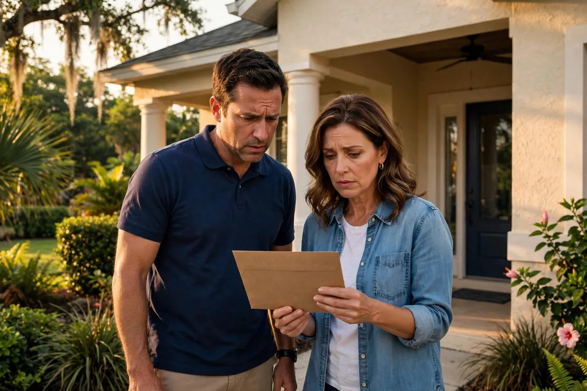 Magnifying glass over an escrow analysis statement, a homeowners insurance renewal bill, and a Florida property tax notice — illustrating why mortgage payments rise without a rate change